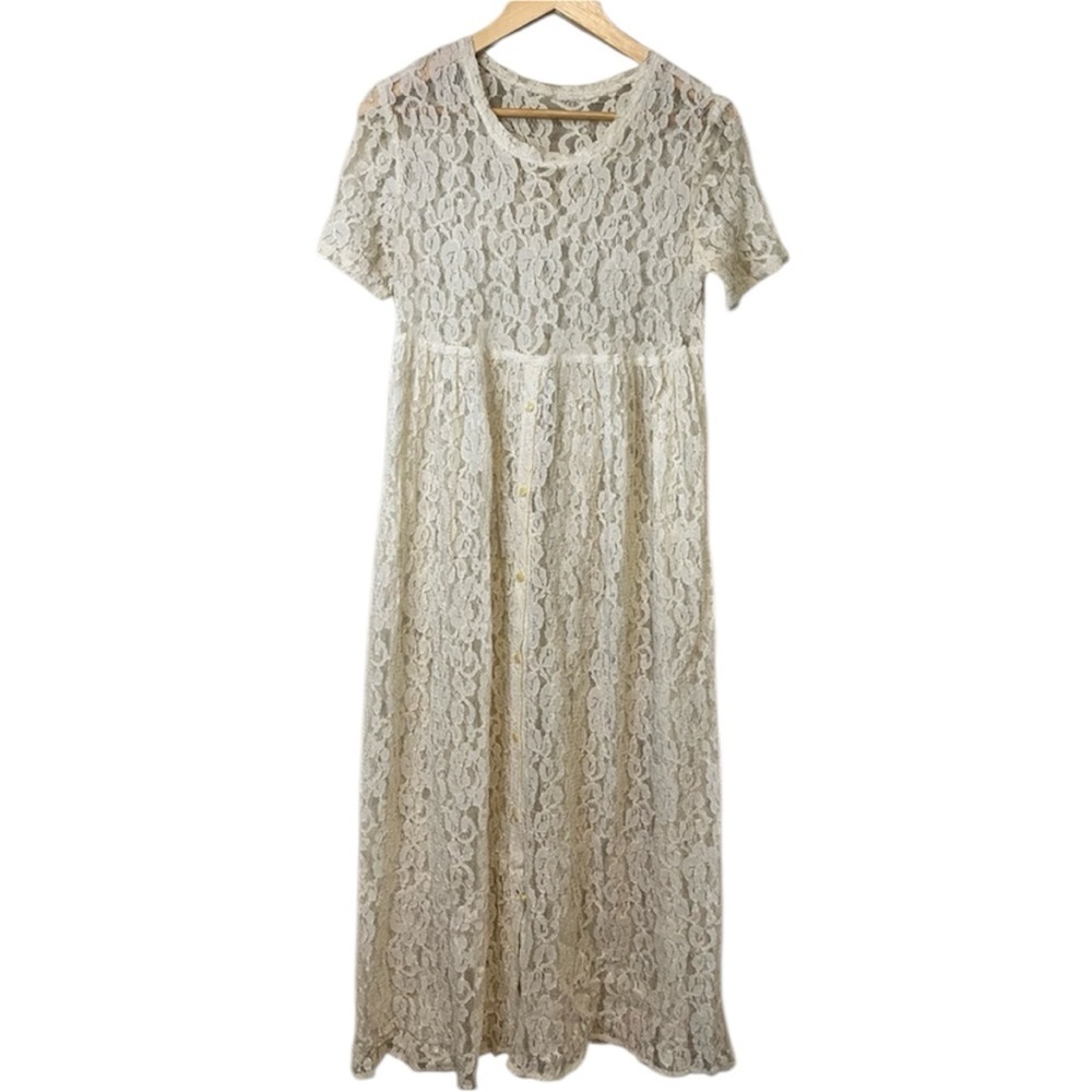 Vintage Cream Lace Maxi Dress Cottagecore Prairie Romantic Boho